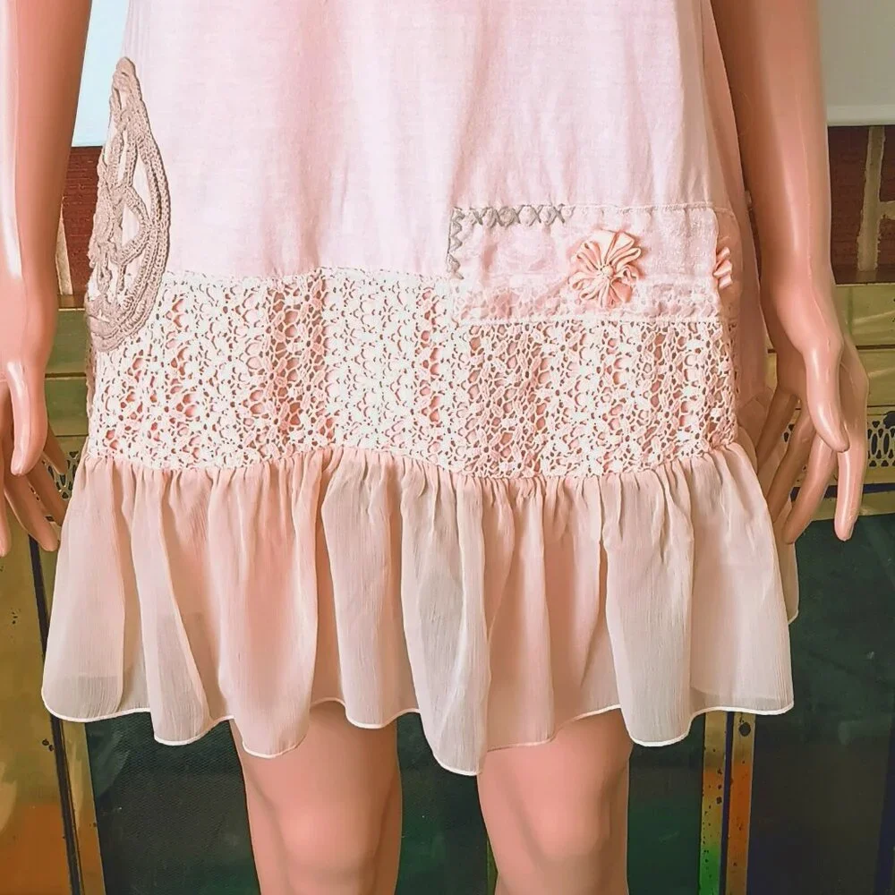 Blush Pink Crochet & Embroidered Dress 10 Girl's Ribbon Flowers Sheer Ruffle Hem